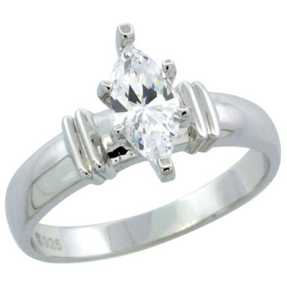 Sterling Silver Cubic Zirconia Solitaire Engagement Ring 3/4 ct Marquise, 3/16 i